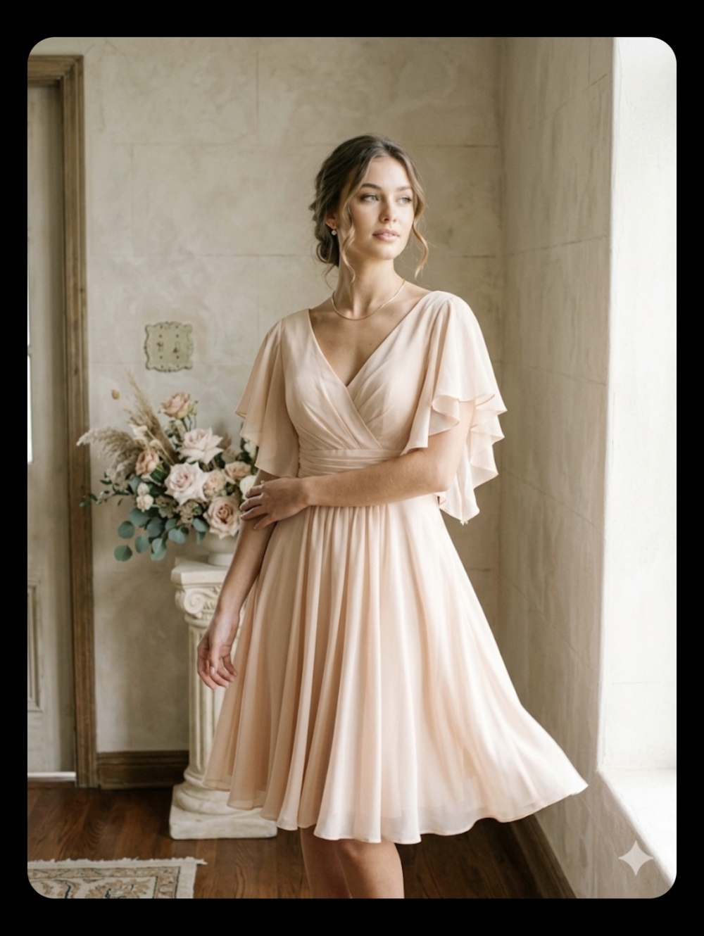Soft Blush Peachy V-Neck Flutter Sleeve Dress
